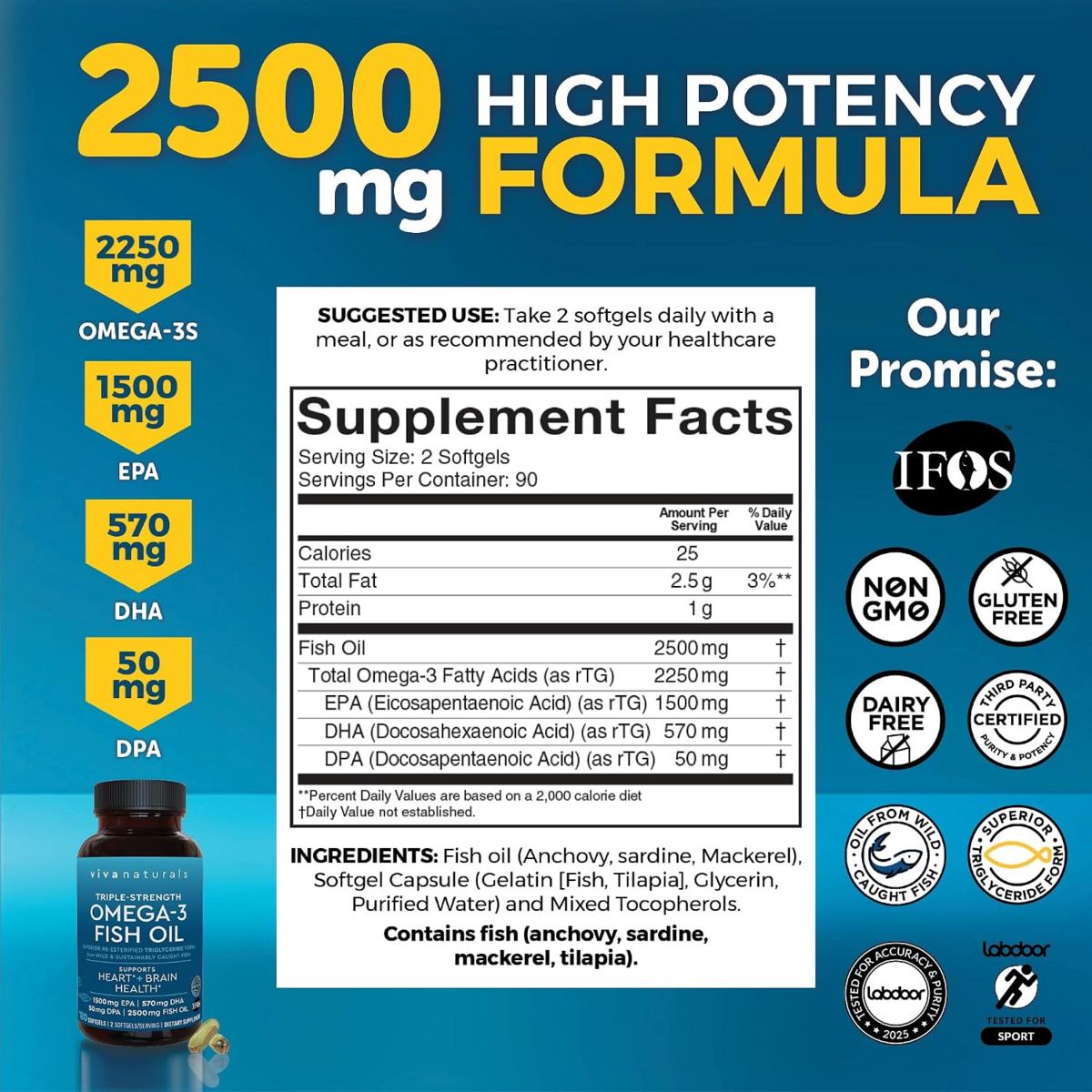 Viên Uống Dầu Cá Viva Naturals Triple-Strength Omega-3 Fish Oil 2500mg – Hộp 180 Viên