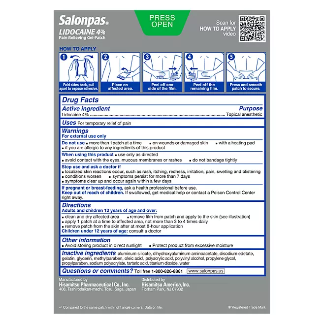 Miếng Dán Giảm Đau Salonpas Lidocaine – Hộp 15 Miếng