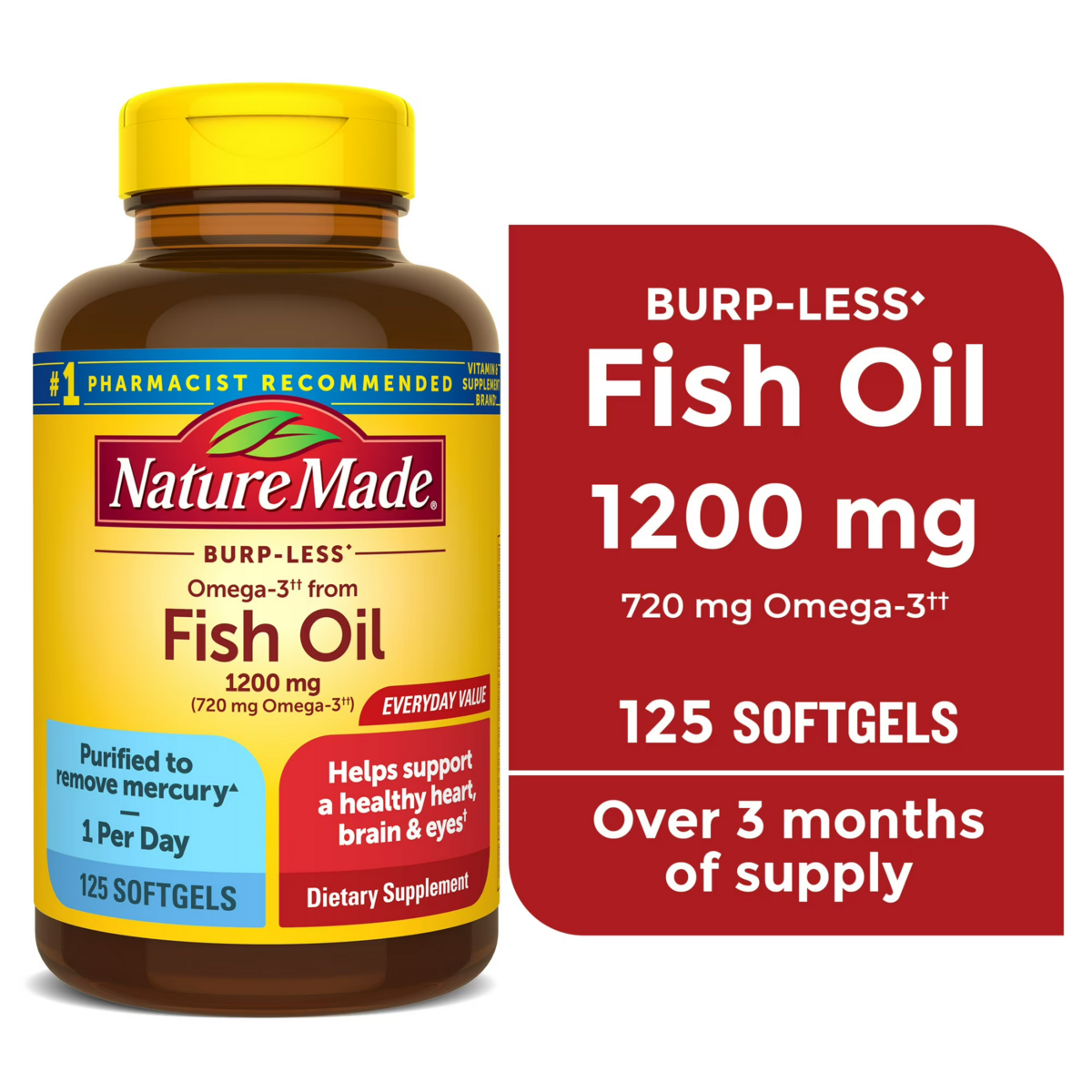 Viên Uống Dầu Cá Omega-3 Nature Made Burp Less Omega-3 Fish Oil 1200mg – Hộp 125 Viên
