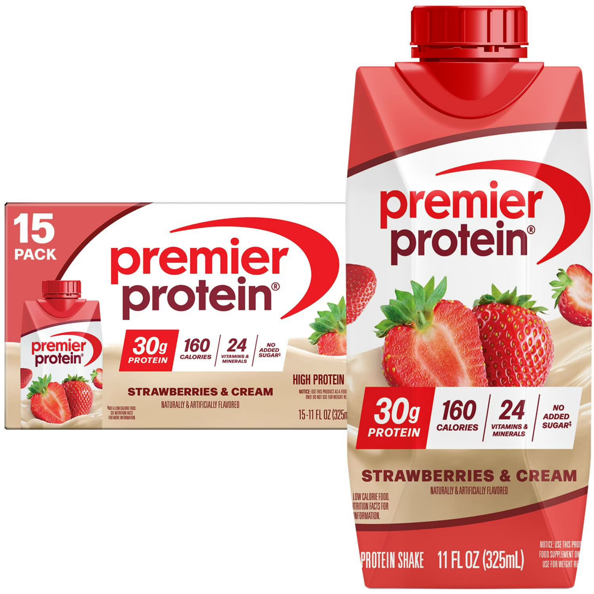 Sữa Protein Vị Dâu Kem Premier Protein High Protein Shake Strawberries & Cream – Thùng 15 Chai x 325 ml
