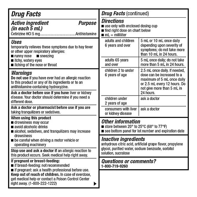 Siro Giảm Dị Ứng Cho Trẻ Em Member's Mark Children's Cetirizine Hydrochloride All Day Allergy Oral Solution –  Hộp 2 Chai X 240ml