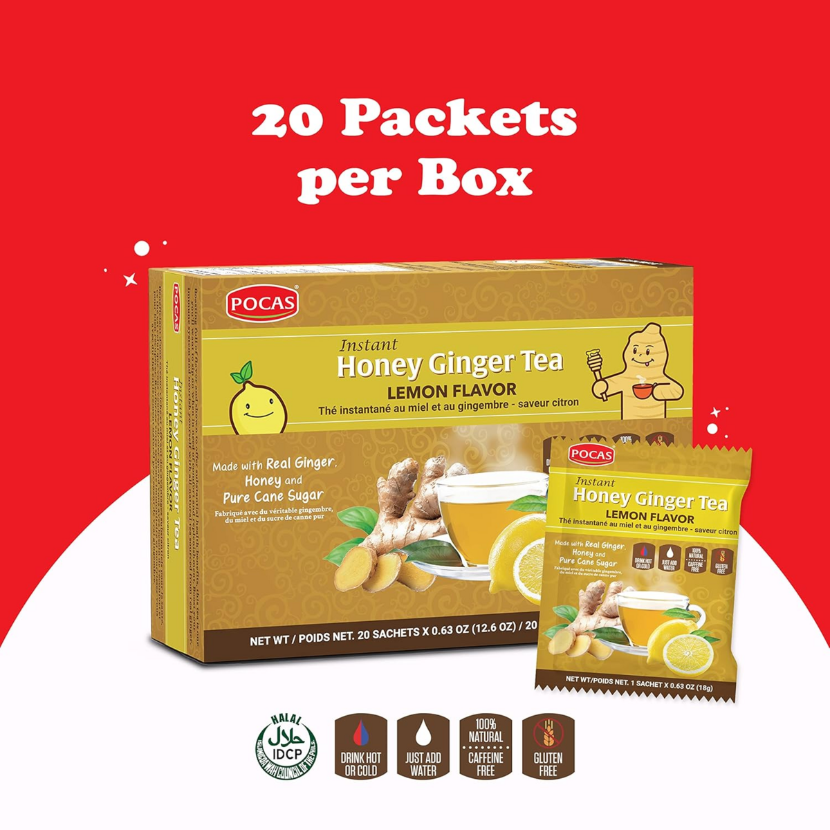 Trà Gừng Mật Ong Vị Chanh Pocas Instant Honey Ginger Tea Lemon Flavor – Set 2 Hộp x 20 gói
