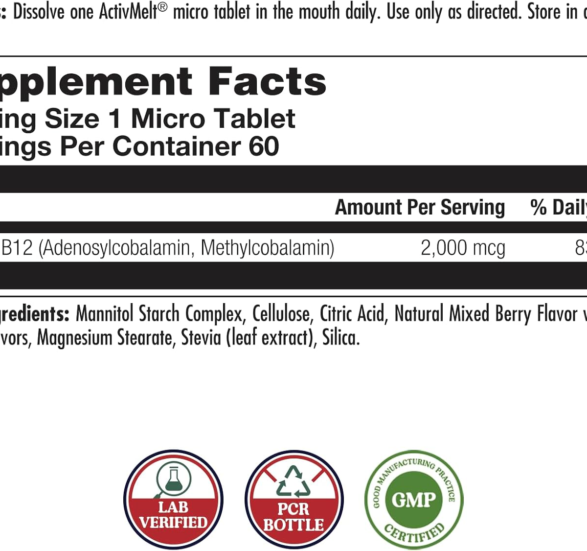 Viên Ngậm Bổ Sung Vitamin B12 KAL B-12 Methylcobalamin & Adenosylcobalamin 2000 mcg Vị Berry – Hộp 60 viên ngậm tan nhanh