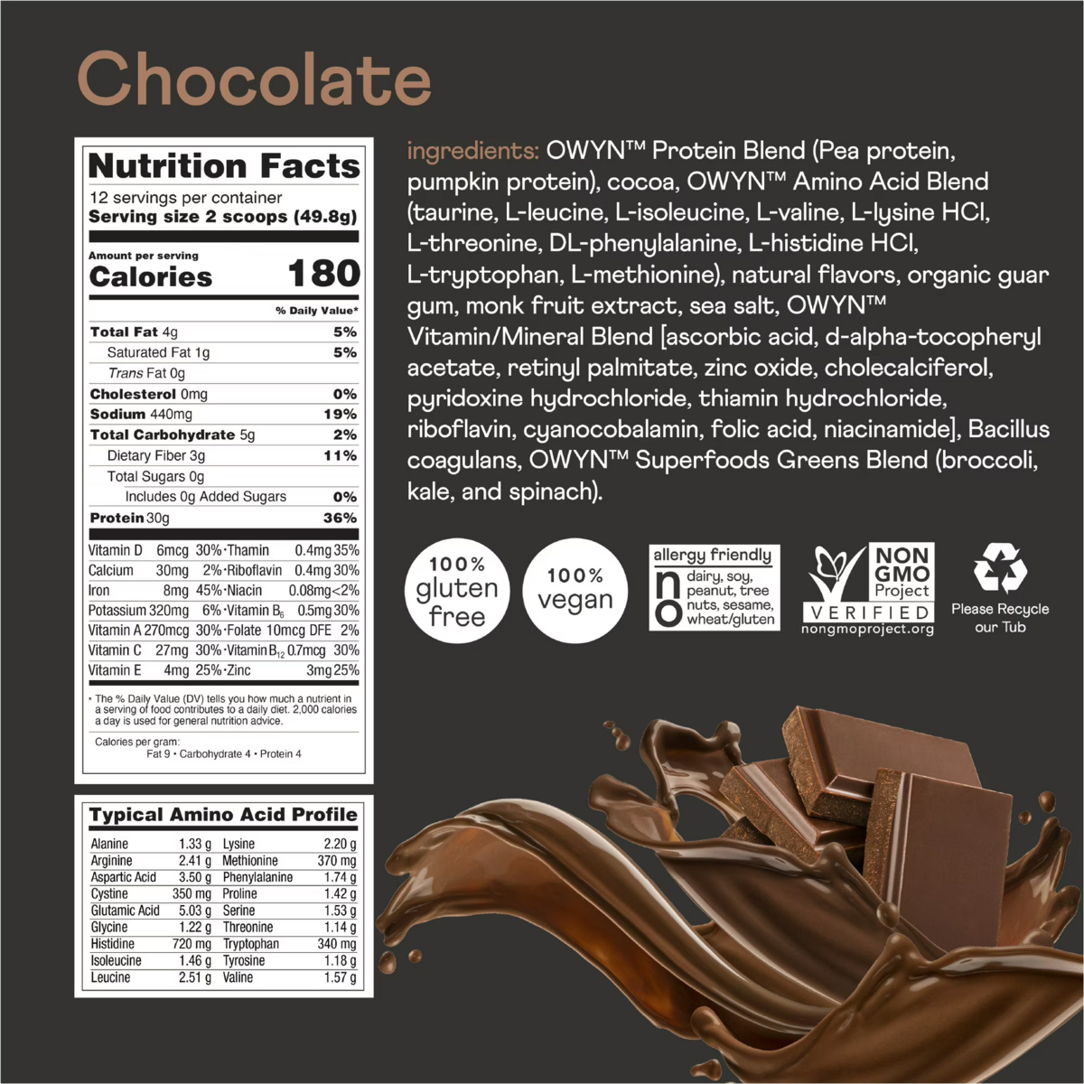 Bột Protein Thực Vật Không Đường Vị Socola OWYN Pro Elite 30g High Protein Powder Chocolate – Hộp 1.32 Lbs