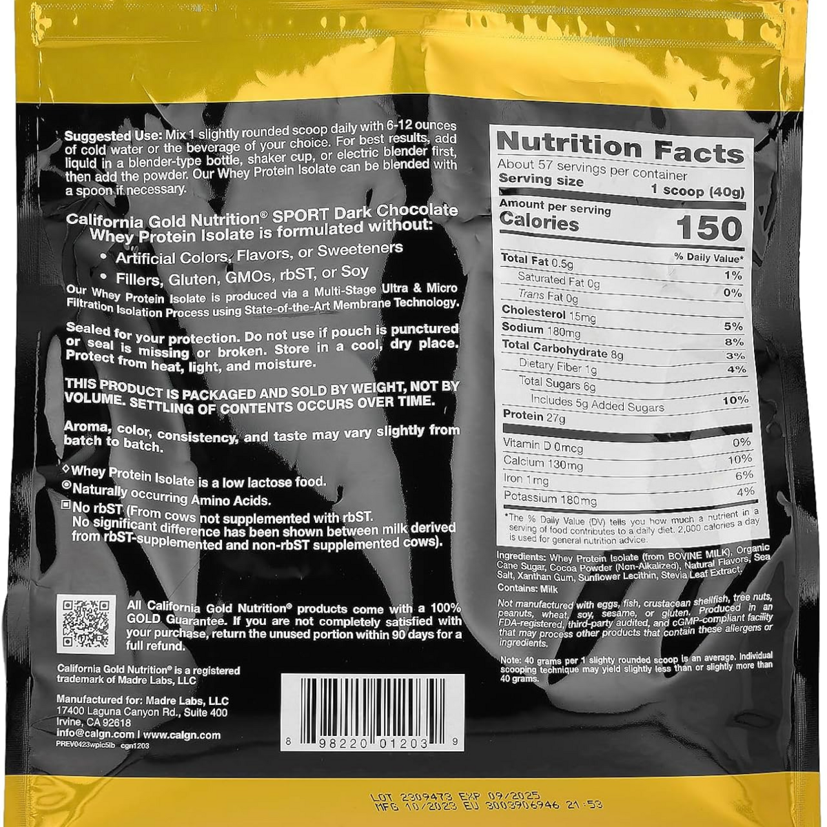 Bột Whey Vị Socola Protein Isolate California Gold Nutrition Sport Dark Chocolate – Túi 5 Lb