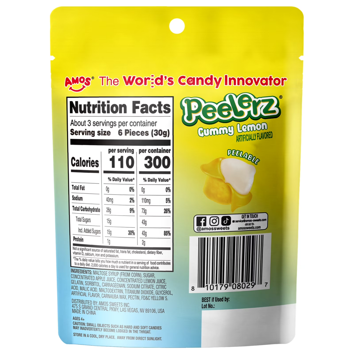 Kẹo Dẻo Trái Cây Amos Peelerz Candy Variety Packs Vị Xoài, Nho, Vải và Chanh – Set 4 gói x 85g