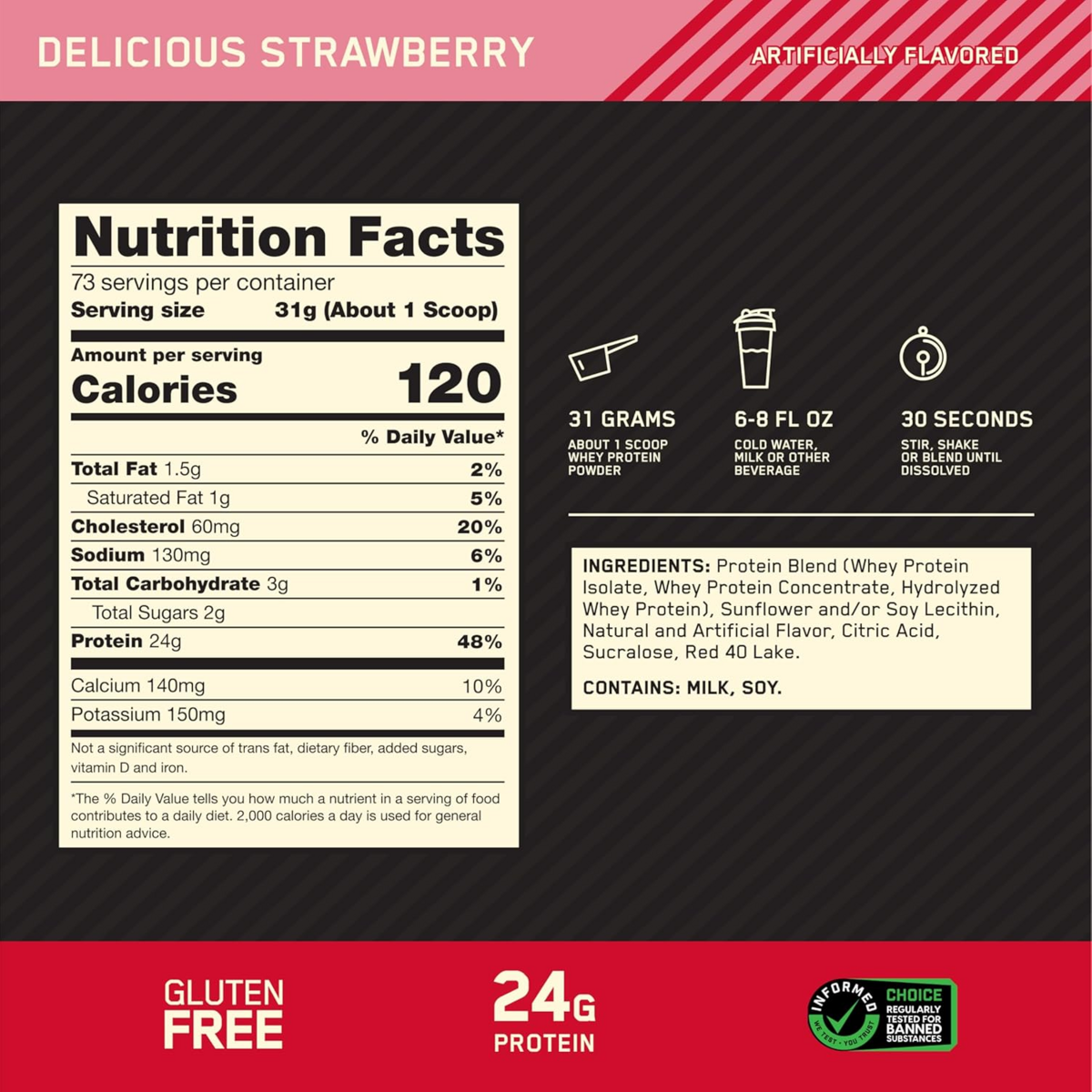 Bột Whey Protein Hương Dâu Optimum Nutrition Gold Standard 100% Whey Delicious Strawberry - Hộp 5LB
