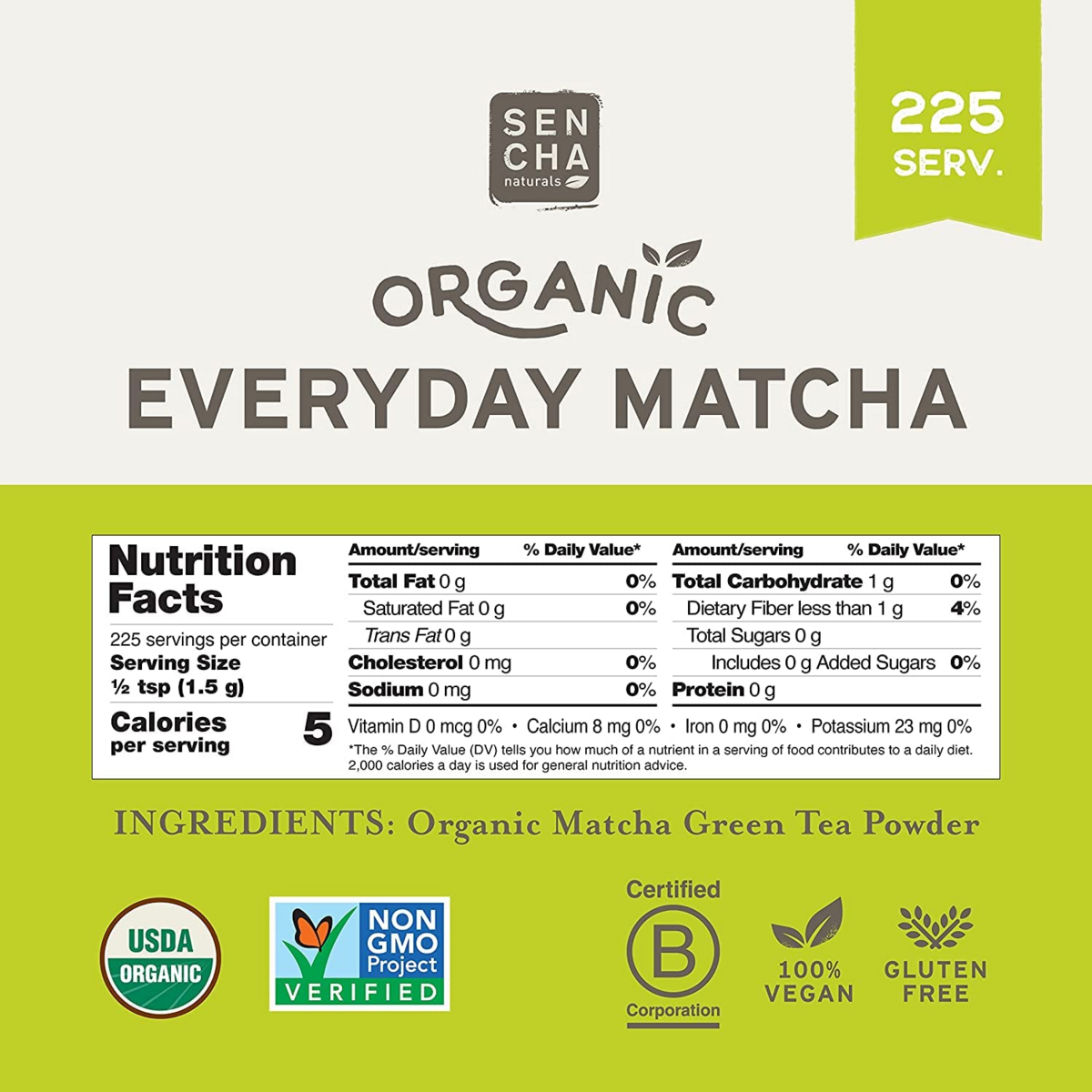 Bột Trà Xanh Nhật Bản Hữu Cơ Sencha Naturals Organic Everyday Matcha – Túi 12 Oz