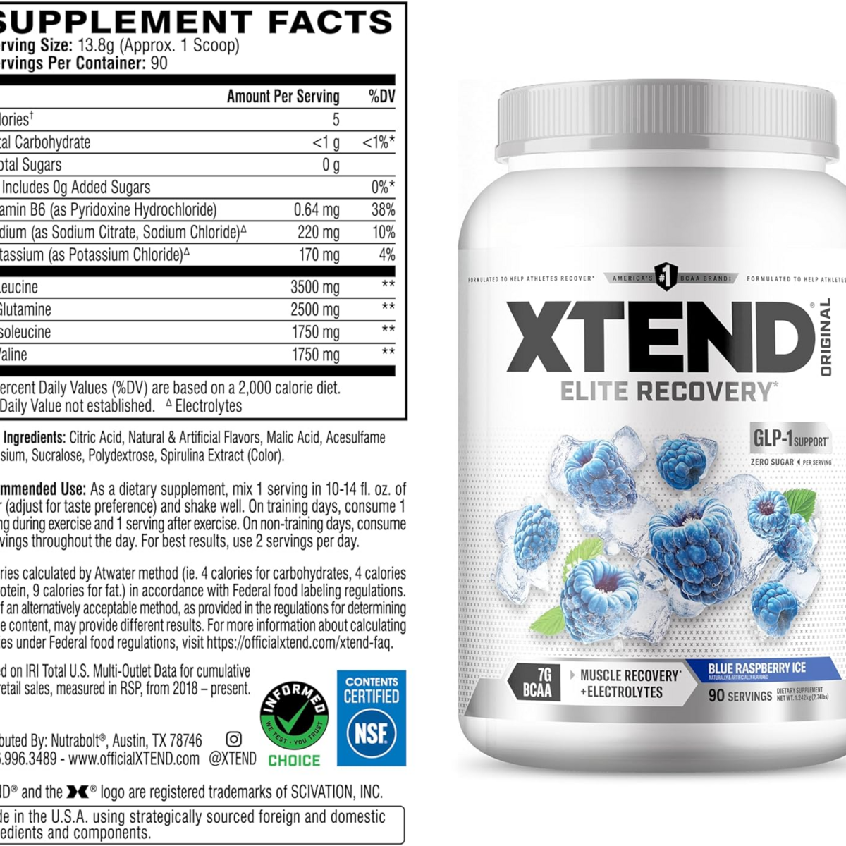 Bột Hỗ Trợ Phục Hồi Cơ Bắp Xtend Original BCAA + L-Glutamine Recovery Vị Mâm Xôi – Hộp 2.74 Lbs