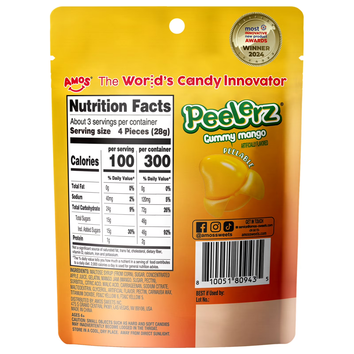 Kẹo Dẻo Trái Cây Amos Peelerz Candy Variety Packs Vị Xoài, Nho, Vải và Chanh – Set 4 gói x 85g