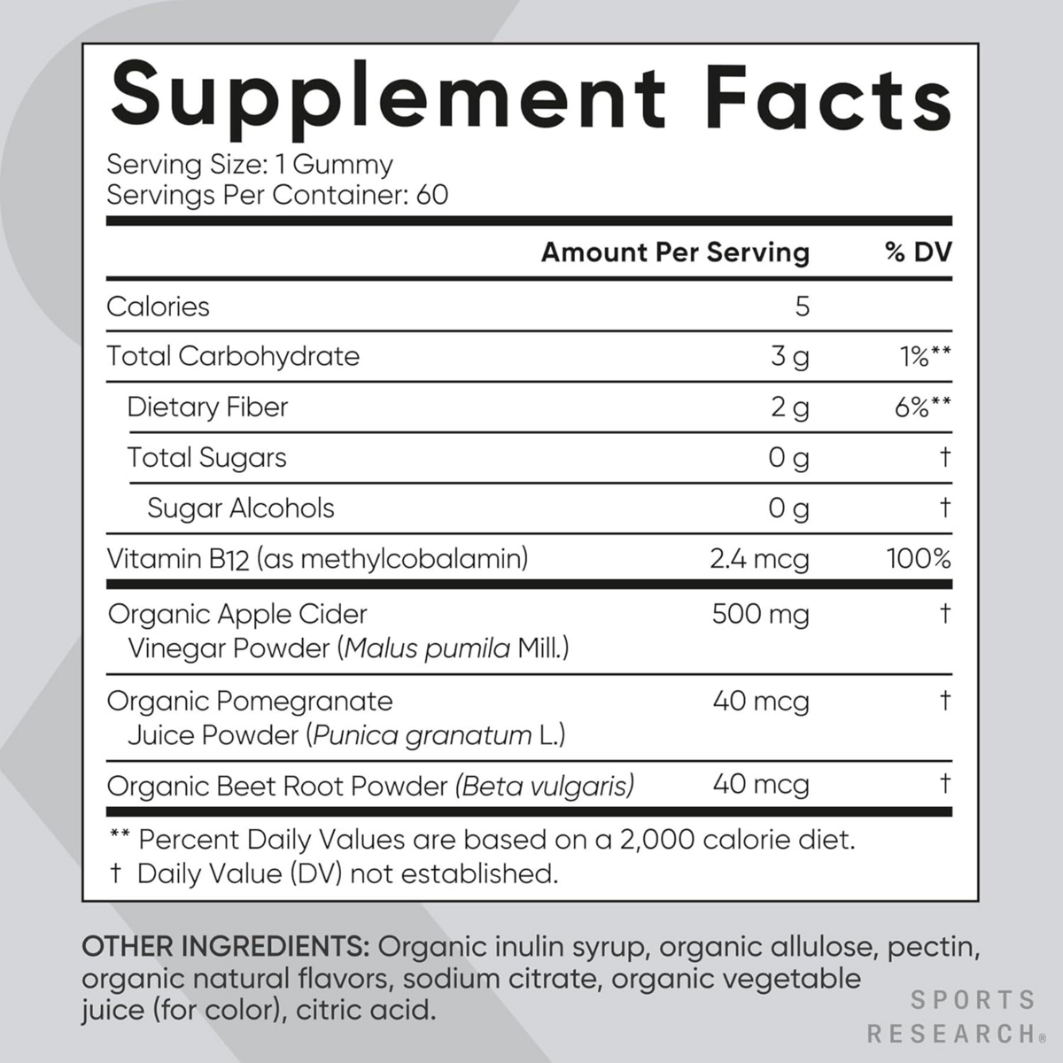 Viên Nhai Giấm Táo Sports Research Apple Cider Vinegar Gummies 500mg – Hộp 60 Viên