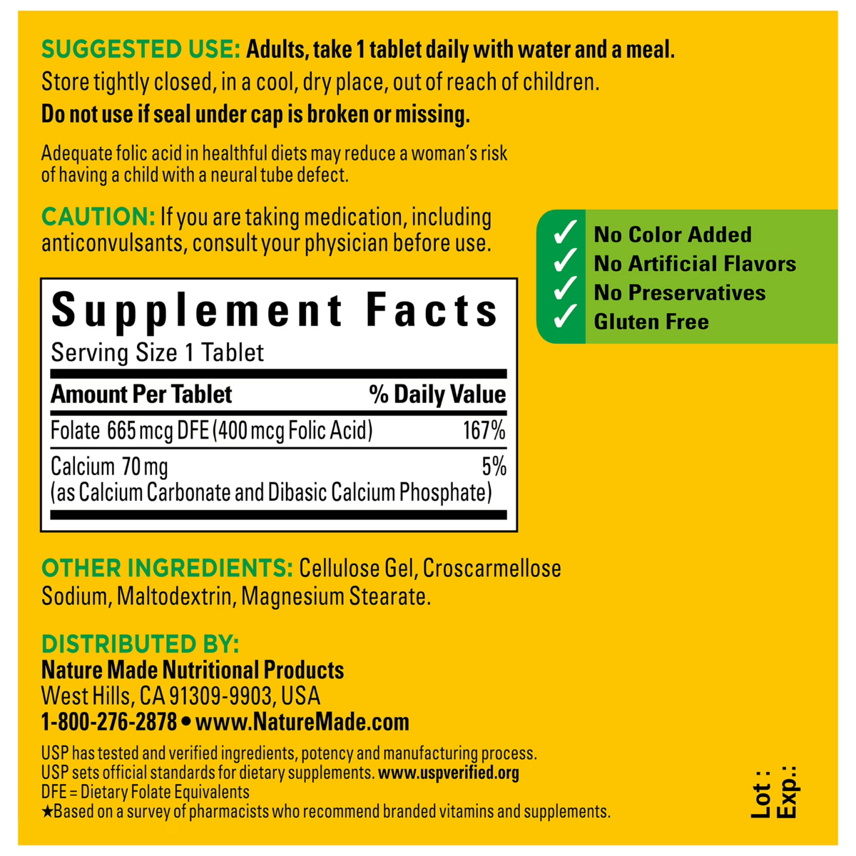 Viên Uống Axit Folic Nature Made Folic Acid 400mcg (665mcg DFE) – Hộp 250 Viên