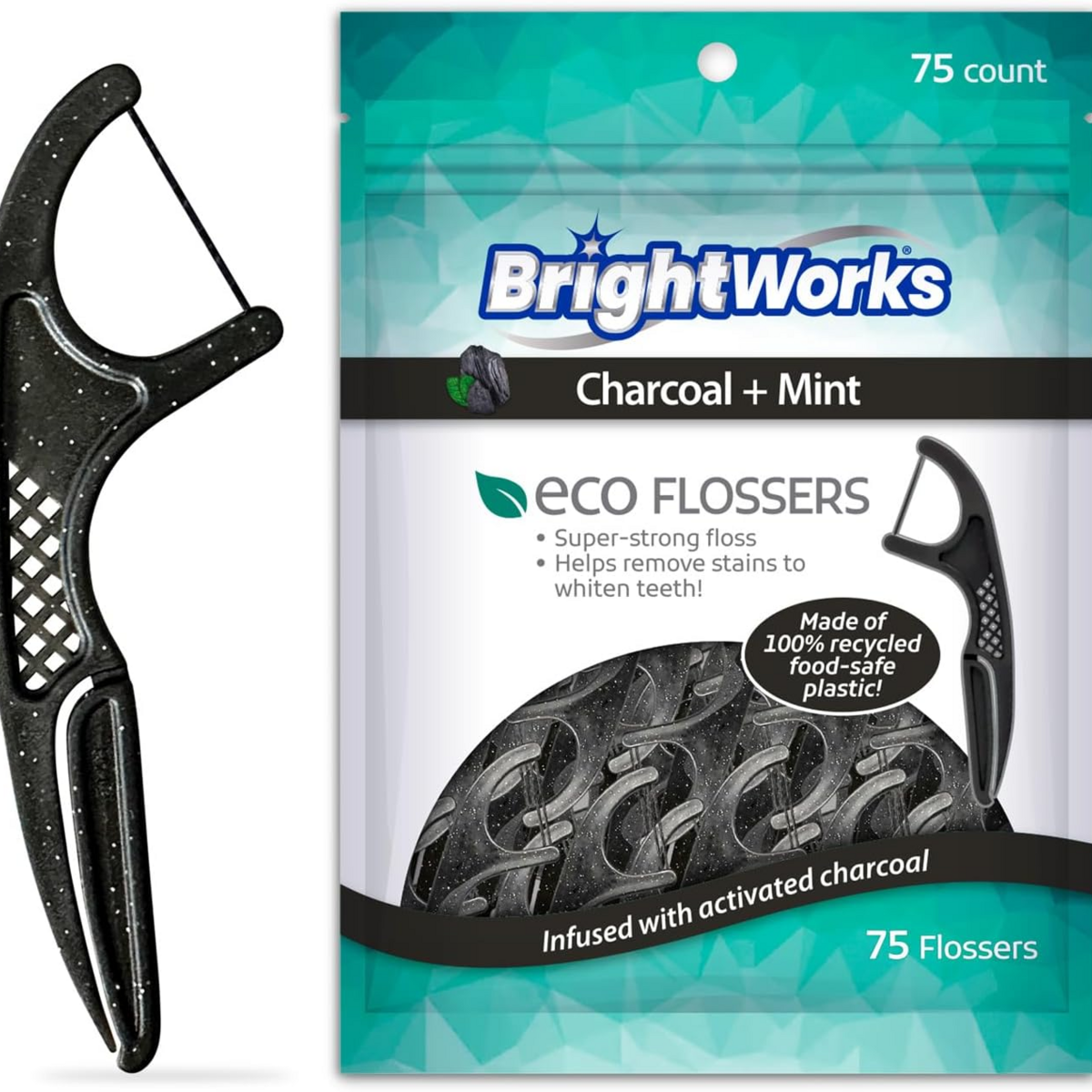 Tăm Chỉ Nha Khoa BrightWorks Eco Flossers Charcoal + Mint – Set 3 Túi x  75 Cái