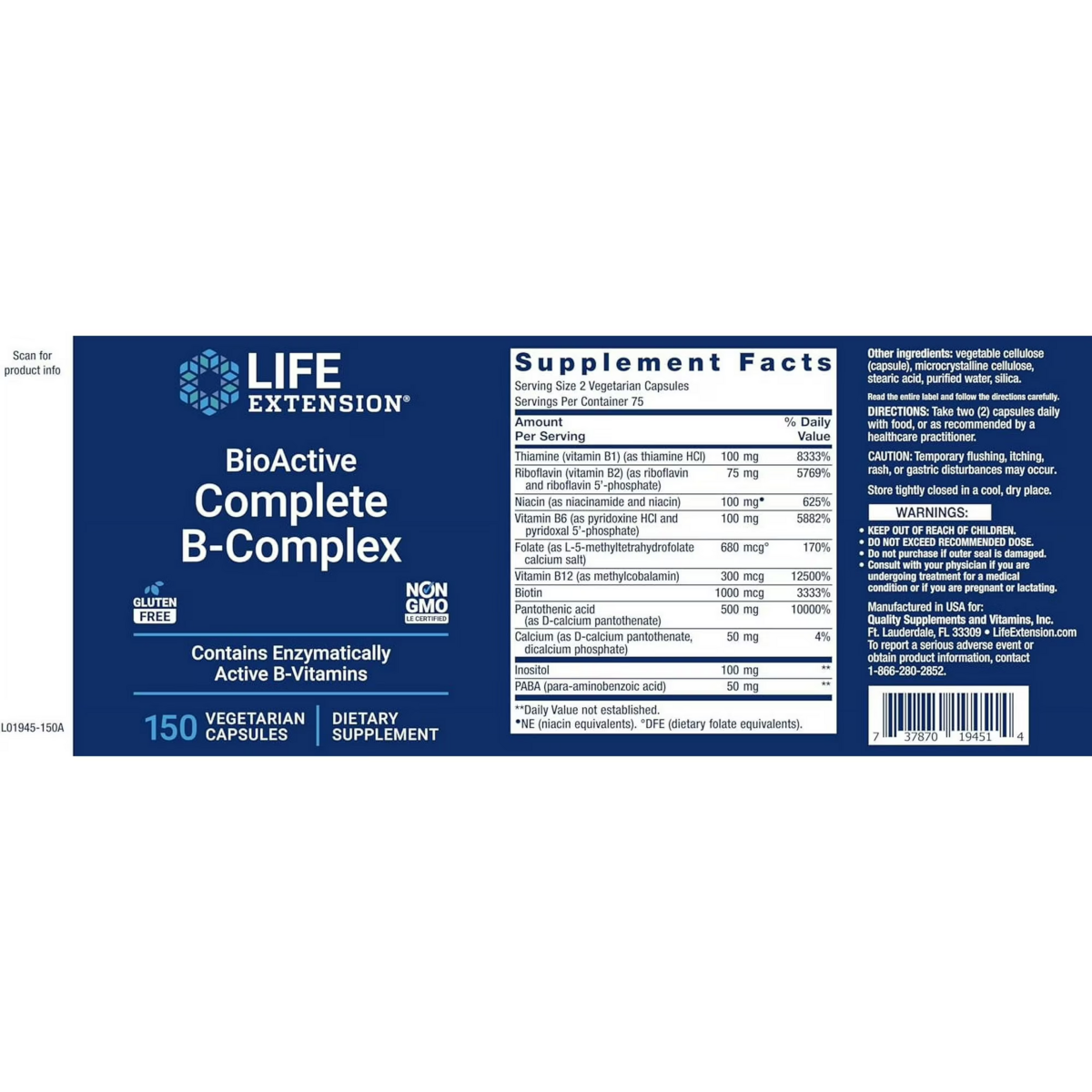 Viên Uống Vitamin B Tổng Hợp Life Extension BioActive Complete B-Complex – Hộp 150 Viên