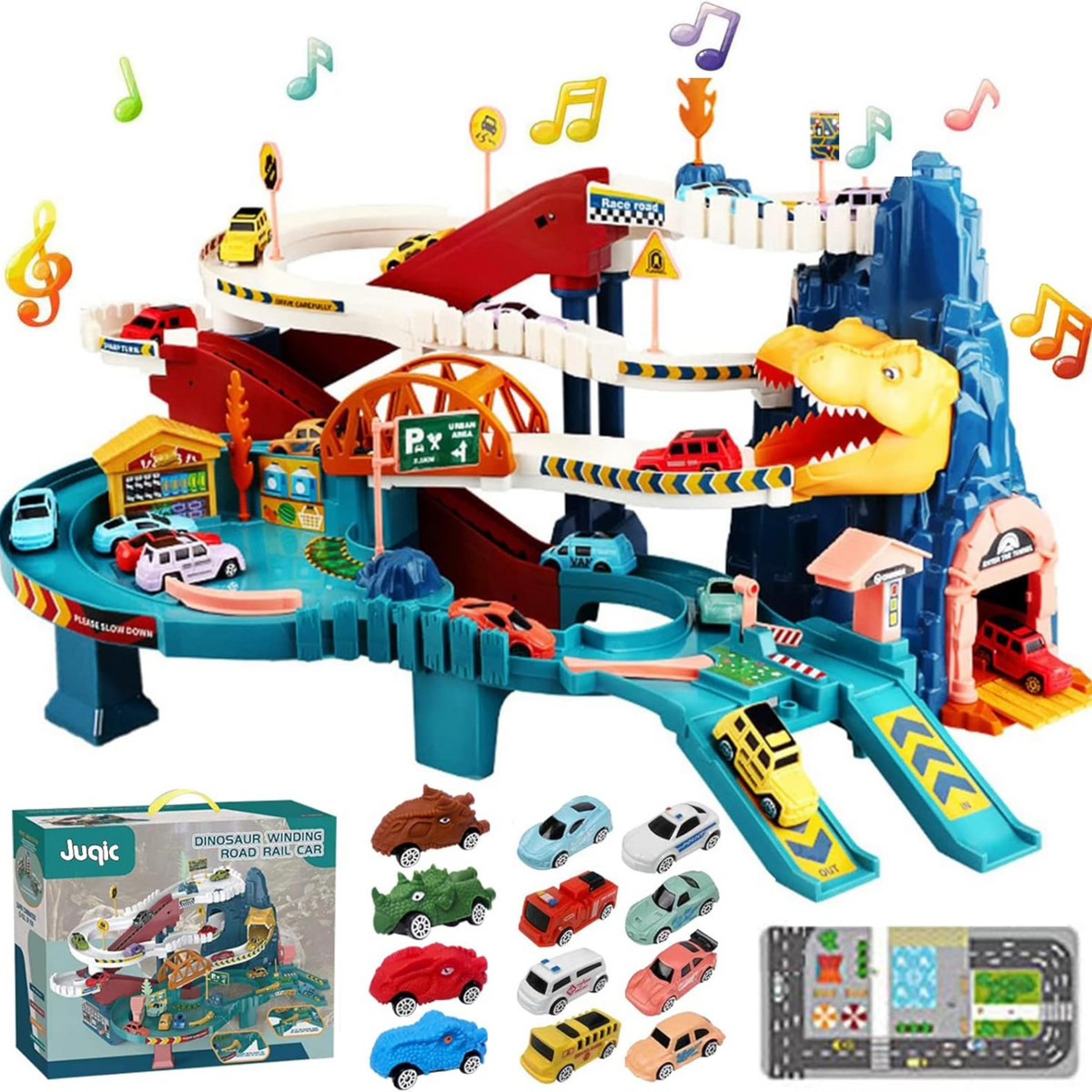 Bộ Đồ Chơi Đường Đua Khủng Long Leo Núi JUQIC Dinosaur Climbing Hills Railcar Track – Kèm 12 Xe Mô Hình
