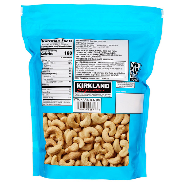 Hạt Điều Rang Nguyên Vị Kirkland Signature Fancy Whole Unsalted Cashews – Túi 40 oz