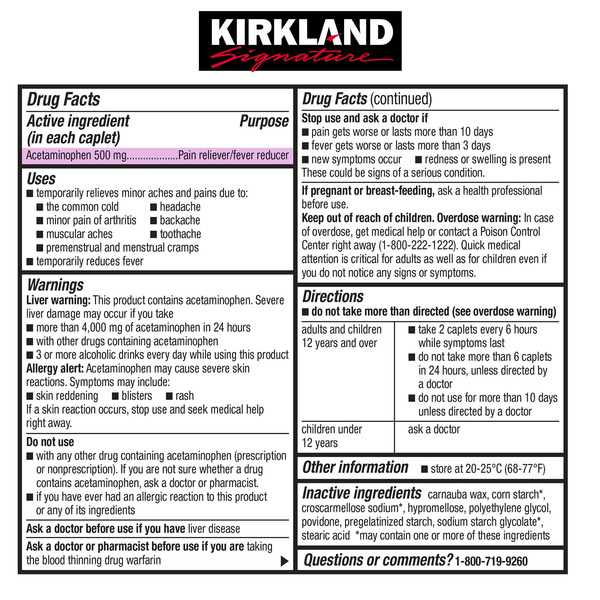 Viên Uống Giảm Đau Hạ Sốt Kirkland Signature Extra Strength Acetaminophen 500 mg – Set 2 Hộp 500 Viên
