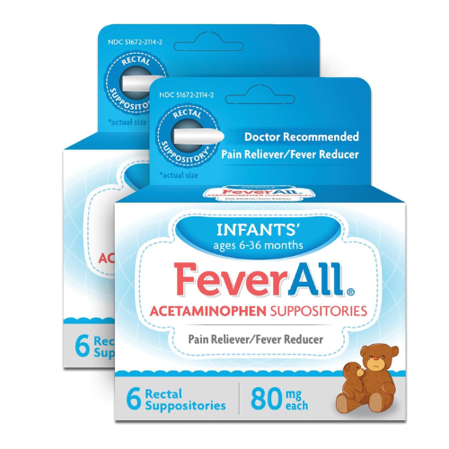 Thuốc đặt hậu môn hạ sốt, giảm đau cho trẻ 6–36 tháng FeverAll Infants Acetaminophen Suppositories 80mg – Set 2 Hộp x 6 Viên