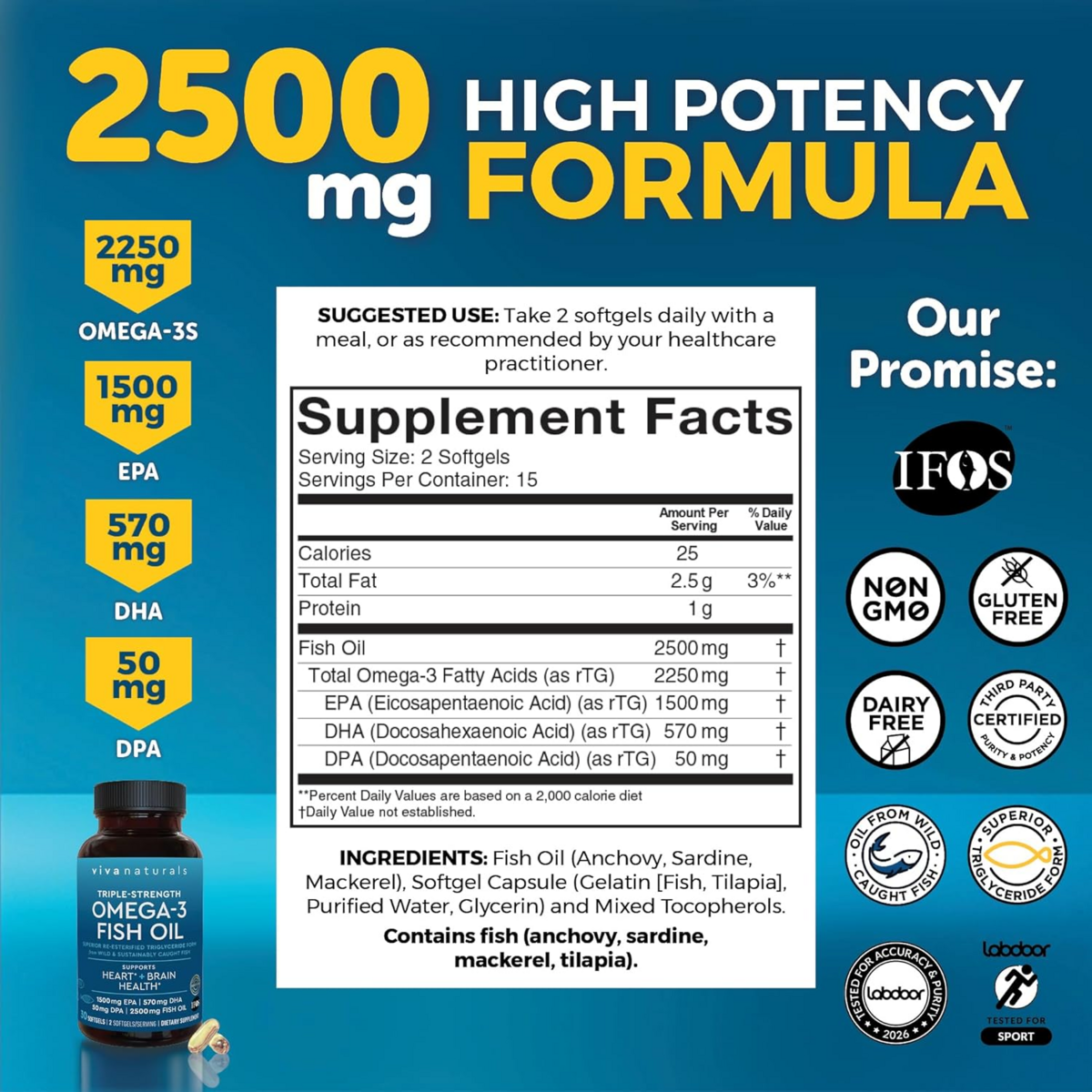 Viên Uống Dầu Cá Viva Naturals Triple-Strength Omega-3 Fish Oil 2500mg – Hộp 30 Viên