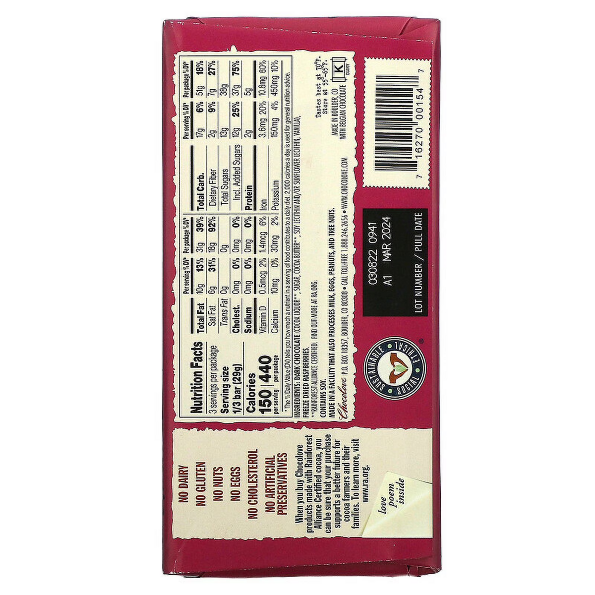 Kẹo Socola Chocolove Raspberries in Dark Chocolate Bar – Hộp 3 Thanh