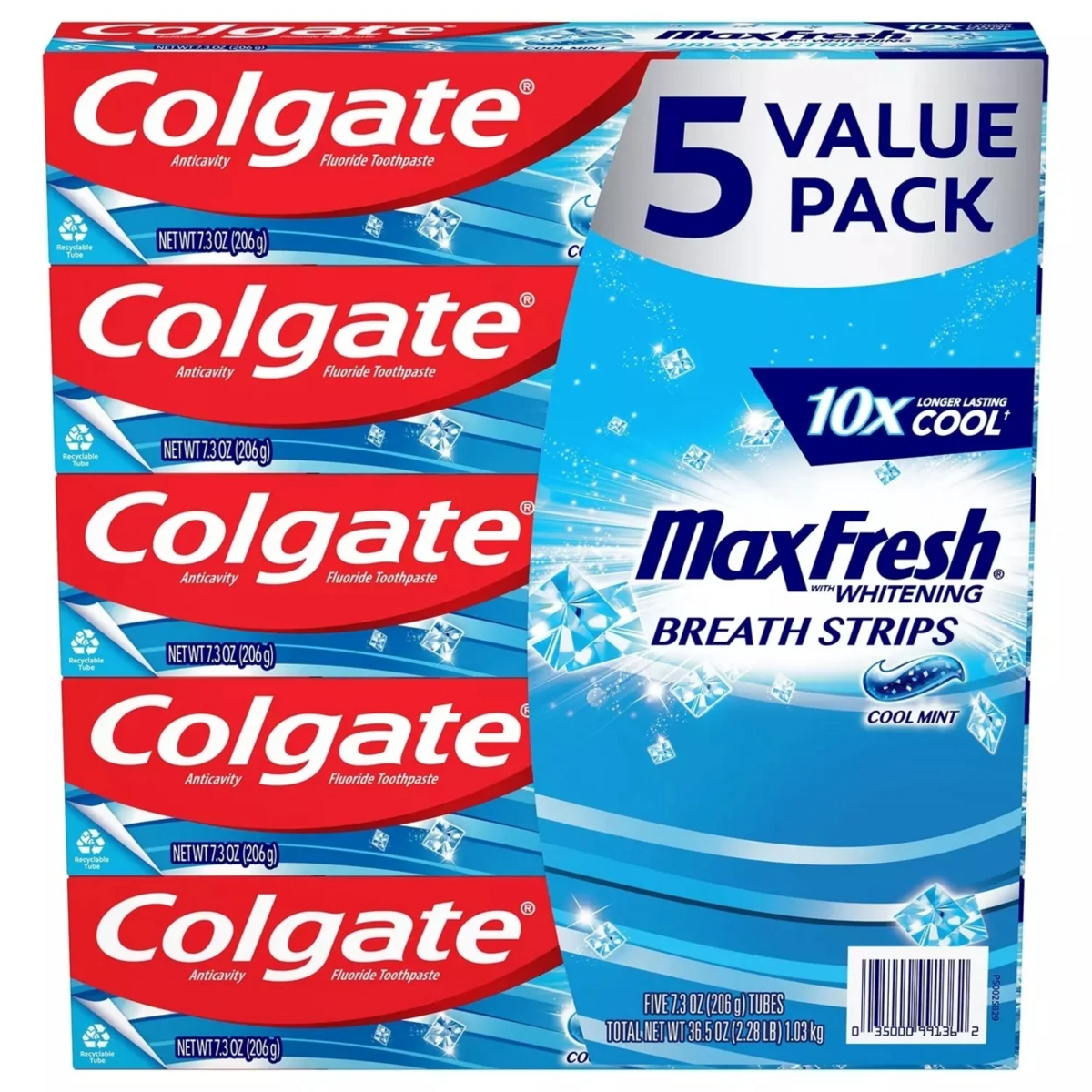Kem Đánh Răng Colgate MaxFresh Toothpaste with Mini Breath Strips Cool Mint - 5 Tuýp X 206g