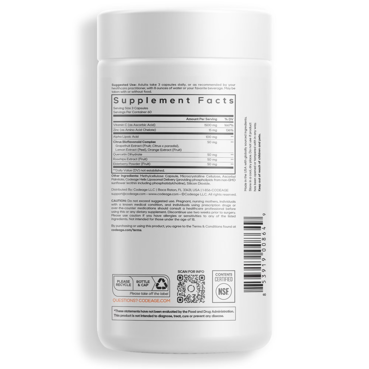 Viên Uống Codeage Liposomal Vitamin C 1500mg + Zinc + Elderberry – Hộp 180 Viên