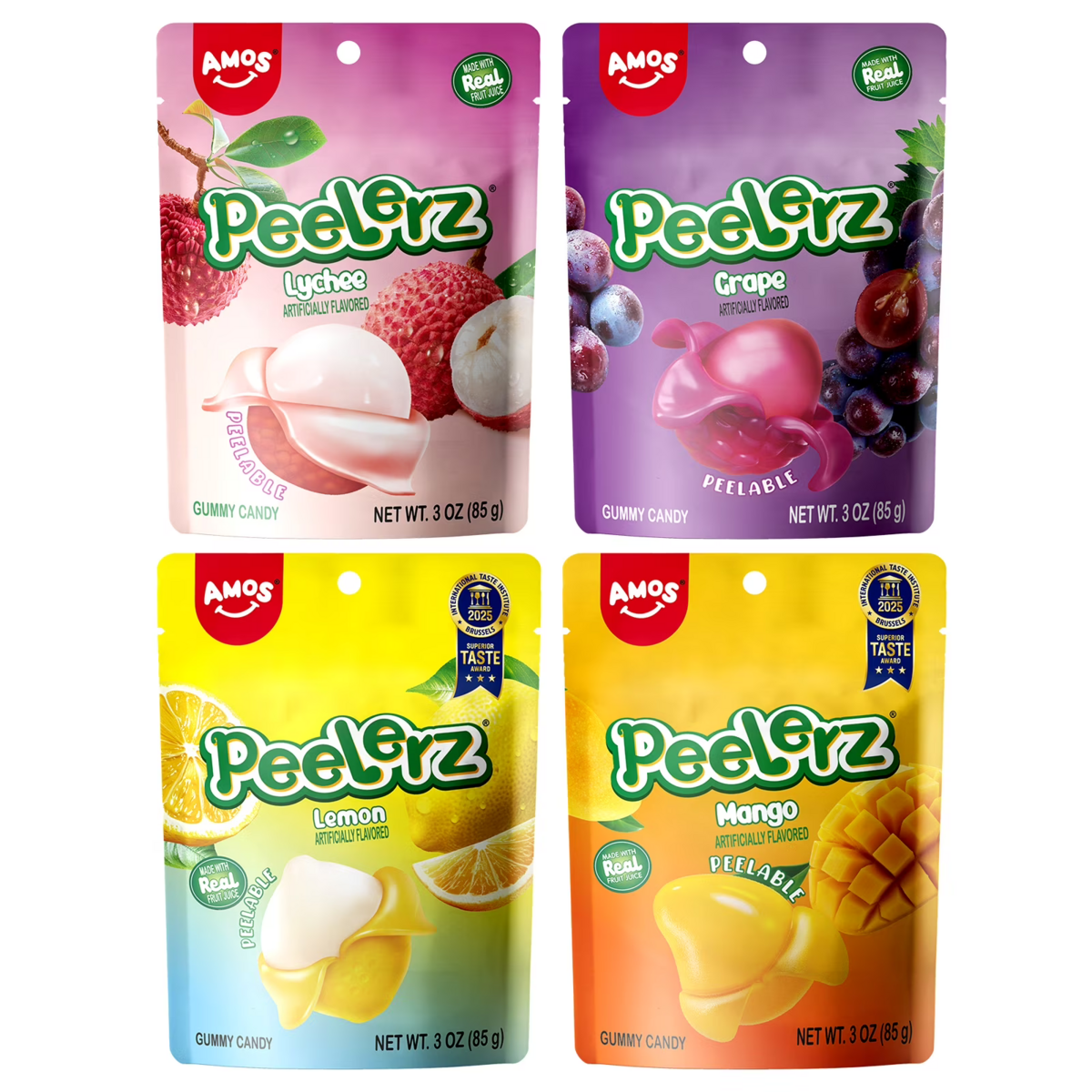 Kẹo Dẻo Trái Cây Amos Peelerz Candy Variety Packs Vị Xoài, Nho, Vải và Chanh – Set 4 gói x 85g