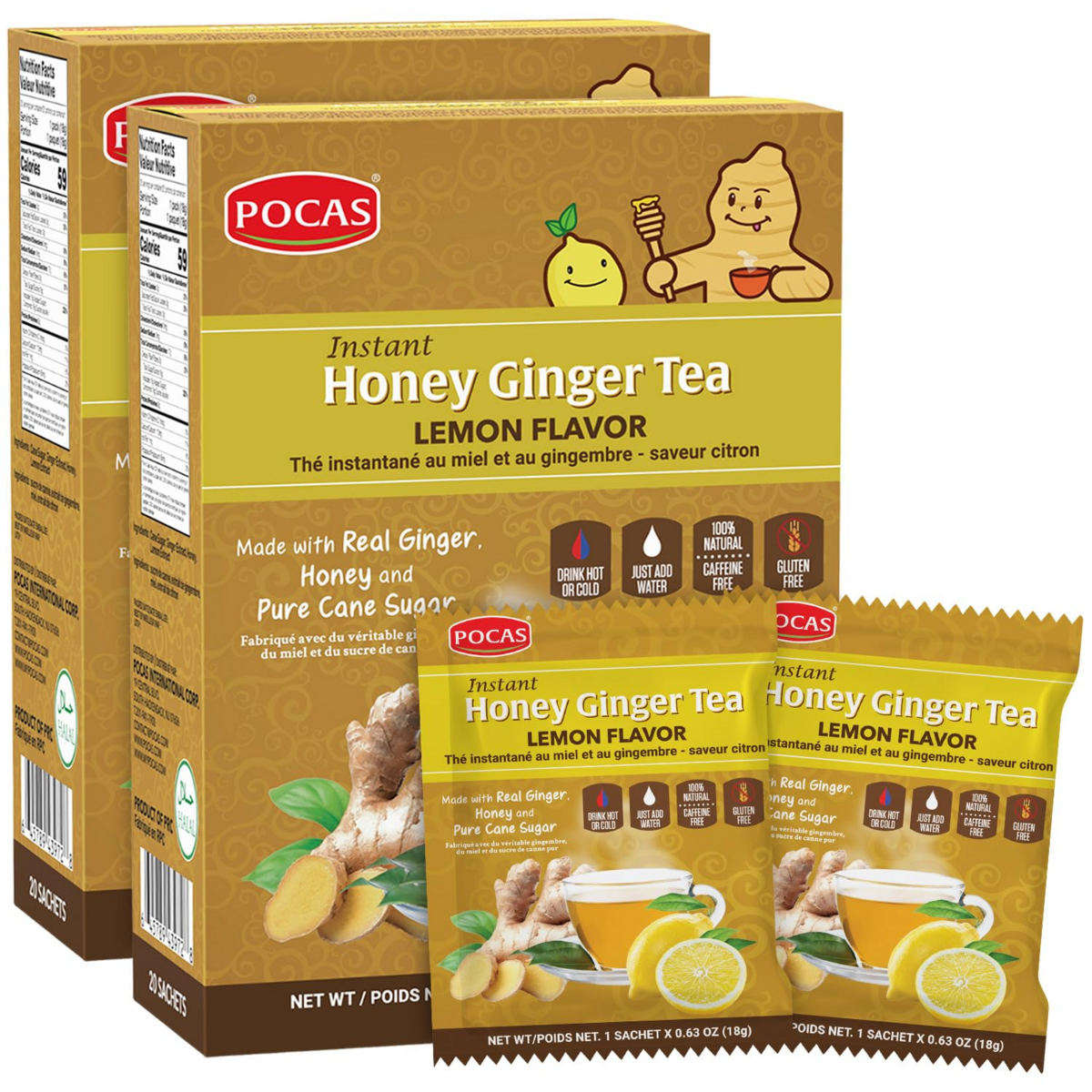 Trà Gừng Mật Ong Vị Chanh Pocas Instant Honey Ginger Tea Lemon Flavor – Set 2 Hộp x 20 gói