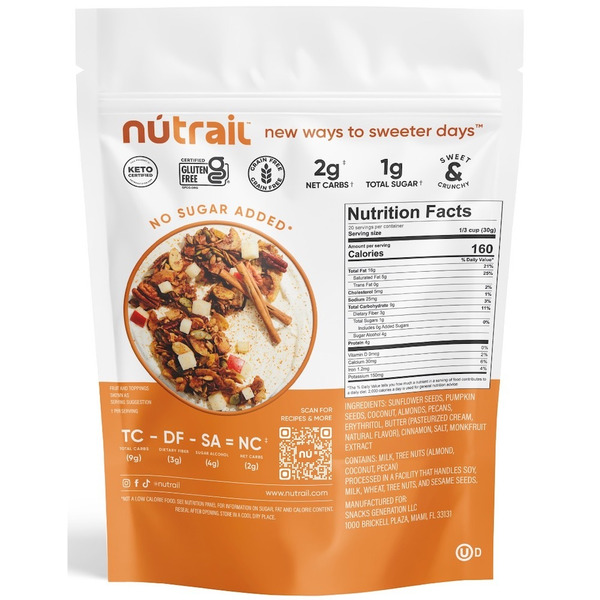 Túi Hạt Nutrail Cinnamon Pecan Keto Nut Granola – Túi 22 Oz