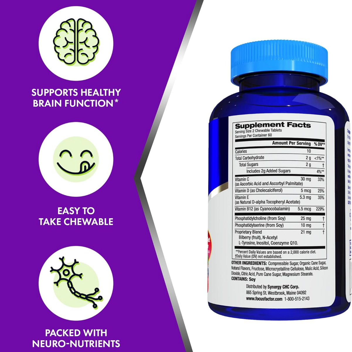 Viên Nhai Vitamin Tổng Hợp & Hỗ Trợ Não Bộ Cho Trẻ Focus Factor Kids Extra Strength Berry Blast – Hộp 120 viên