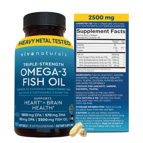 Viên Uống Dầu Cá Viva Naturals Triple-Strength Omega-3 Fish Oil 2500mg – Hộp 180 Viên
