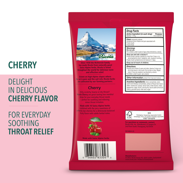 Viên Ngậm Hỗ Trợ Giảm Ho Và Làm Dịu Cổ Họng Vị Cherry Ricola Cherry Drops – Hộp 45 viên