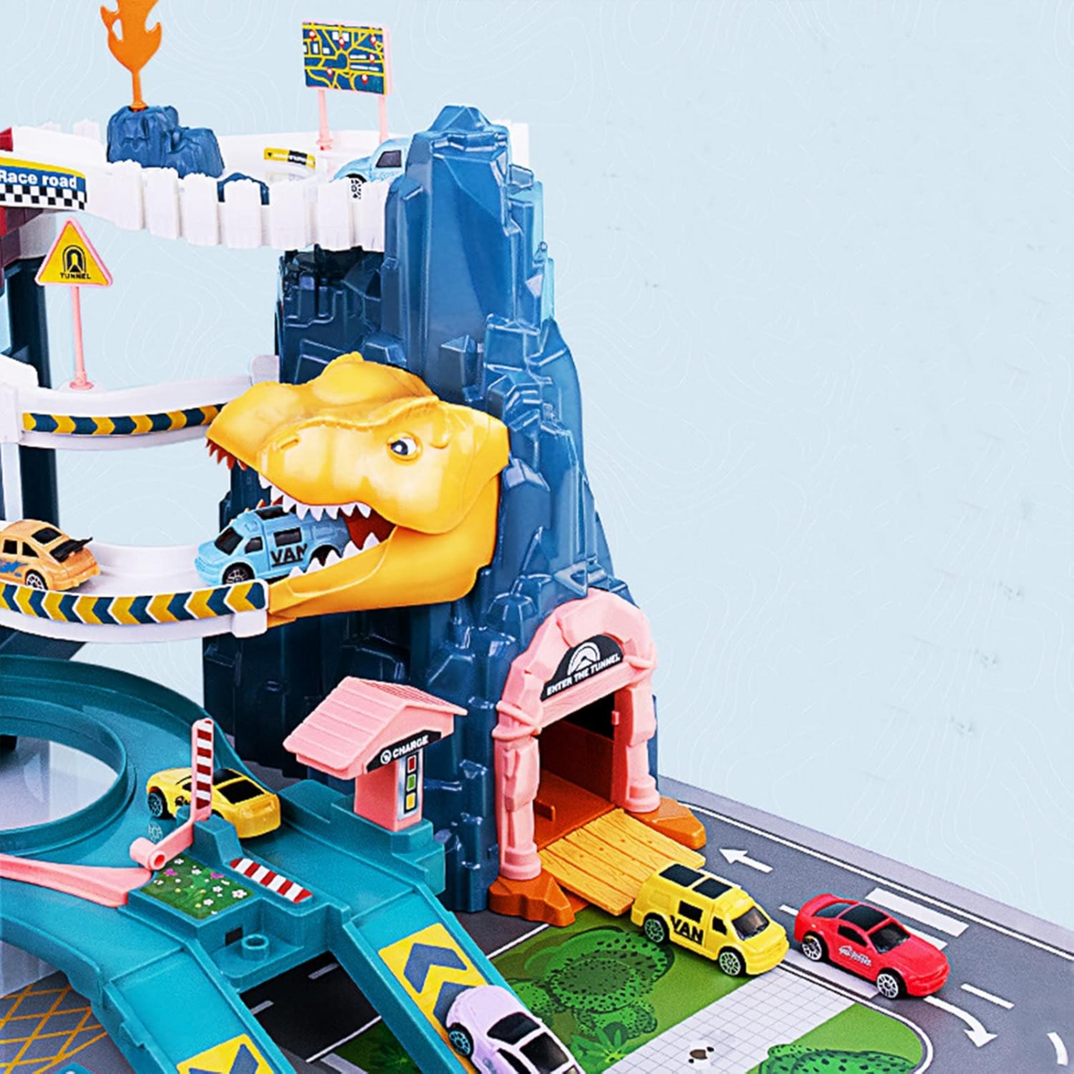 Bộ Đồ Chơi Đường Đua Khủng Long Leo Núi JUQIC Dinosaur Climbing Hills Railcar Track – Kèm 12 Xe Mô Hình