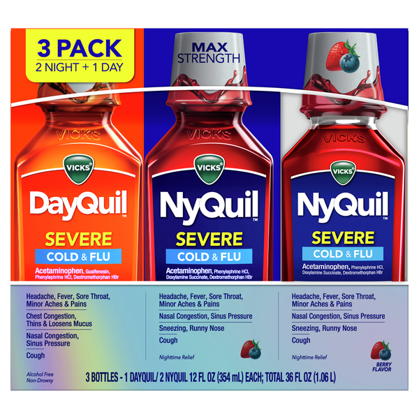Dung Dịch Uống Giảm Triệu Chứng Cảm Lạnh & Cúm Ngày & Đêm Vicks DayQuil & NyQuil Severe - 3 Chai X 354ml
