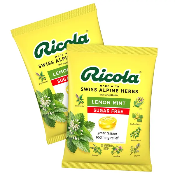 Viên Ngậm Hỗ Trợ Giảm Ho Và Làm Dịu Cổ Họng Ricola Sugar Free LemonMint Herb Throat Drops - Set 2 Gói x 105 Viên