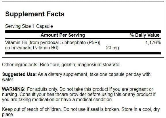 Viên Uống Vitamin B6 Swanson P-5-P (Pyridoxal-5-Phosphate) Vitamin B6 20 mg – Hộp 60 Viên