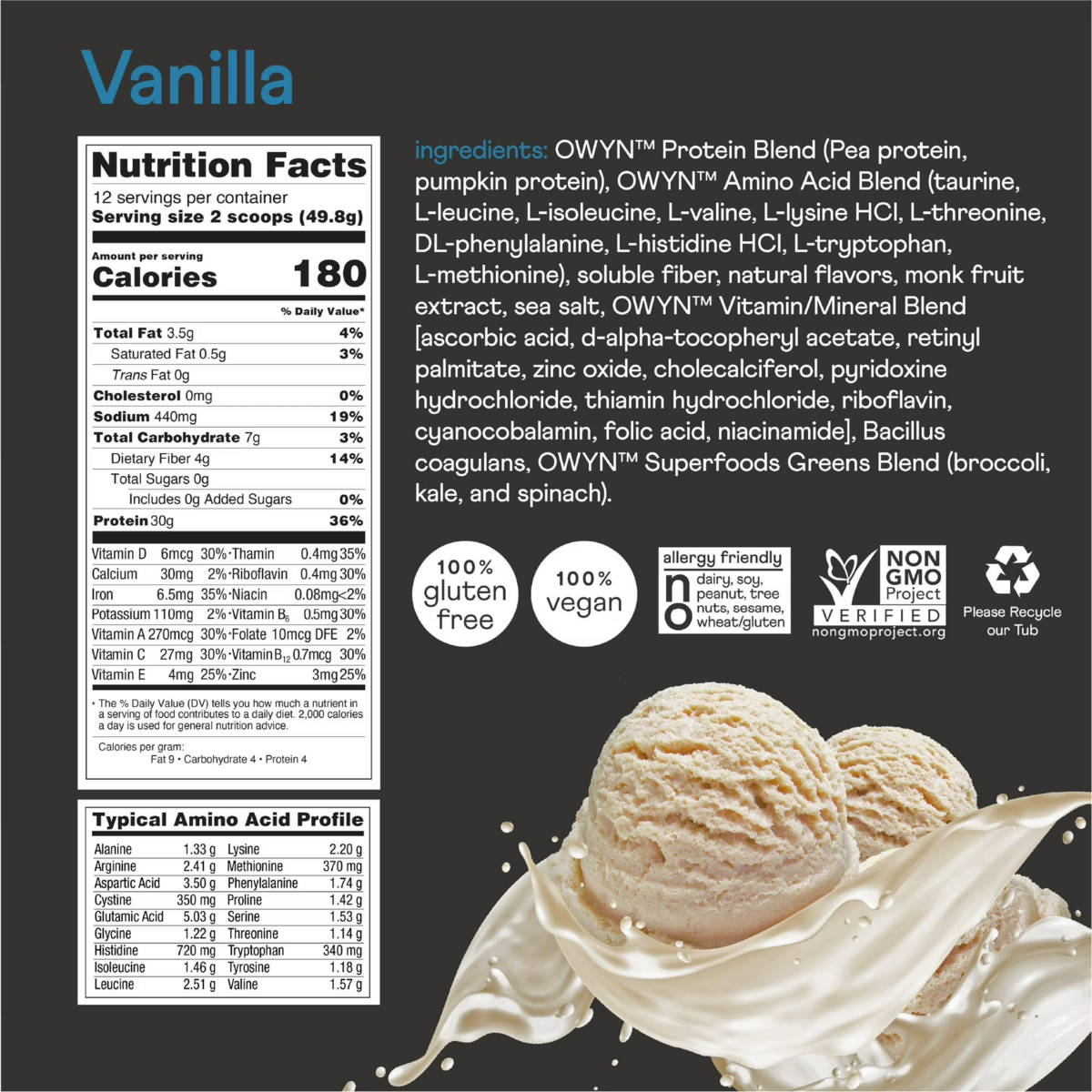 Bột Protein Thực Vật Không Đường Vị Vani OWYN Pro Elite 30g High Protein Powder Vanilla – Hộp 1.32 Lbs