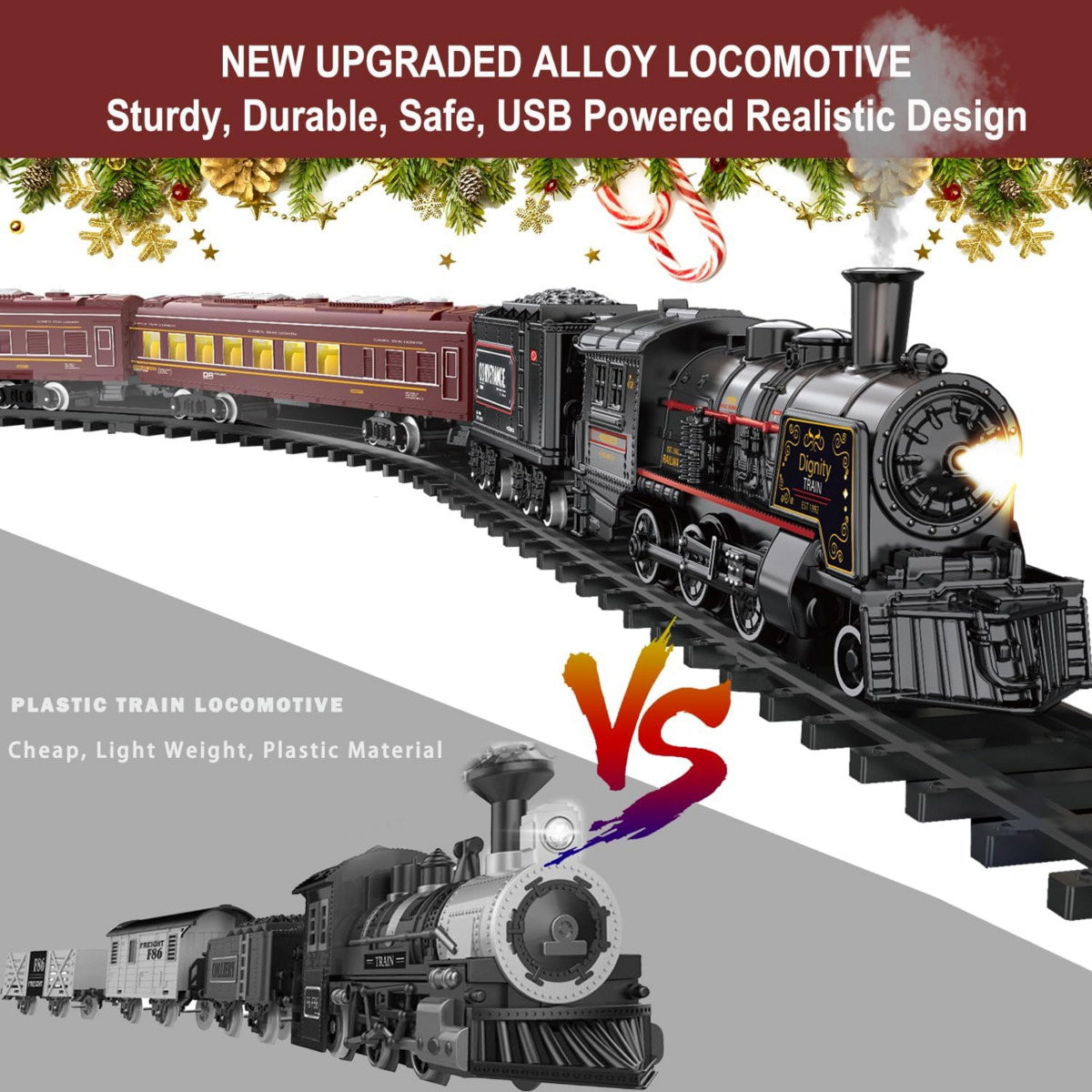 Bộ Tàu Hỏa Điện Hơi Cổ Điển BUBUQE Metal Alloy Electric Train Set – Kèm Đường Ray, Đèn Và Âm Thanh
