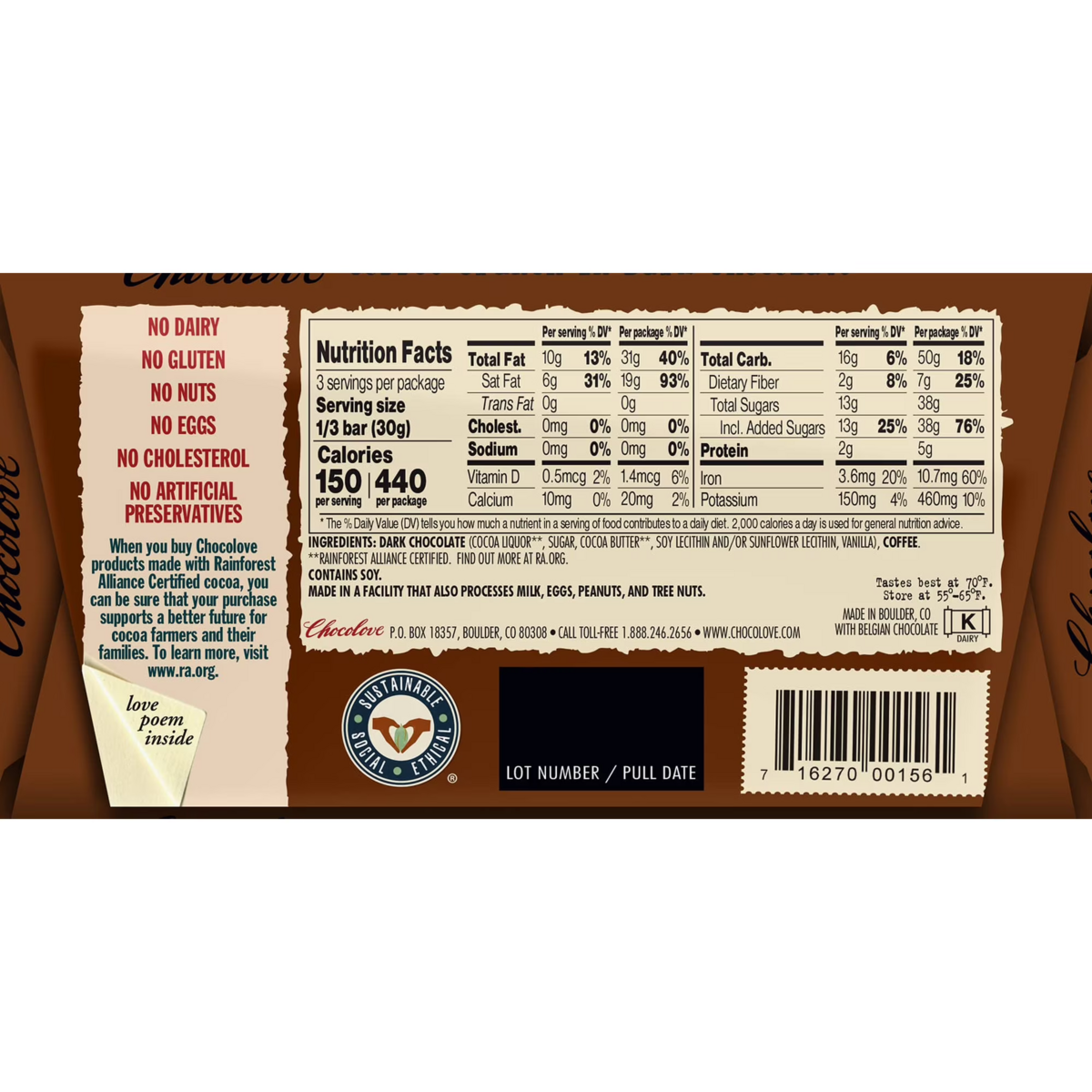 Kẹo Socola Chocolove Coffee Crunch in Dark Chocolate – Hộp 12 Thanh