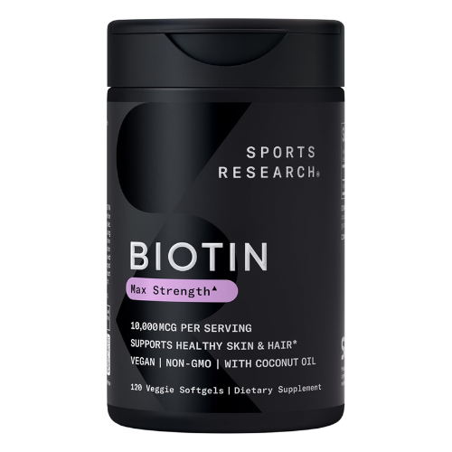 Viên Uống Biotin Sports Research Biotin 10,000mcg với Dầu Dừa Hữu Cơ – Hộp 120 Viên