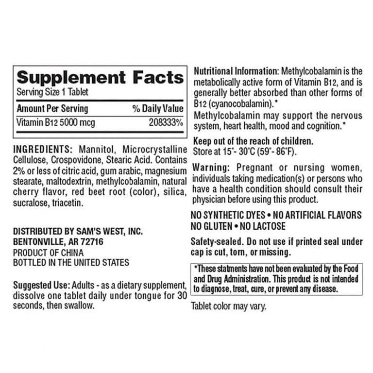Member's Mark Sublingual Vitamin B12 Methylcobalamin Lozenges – Box of 300 Tablets