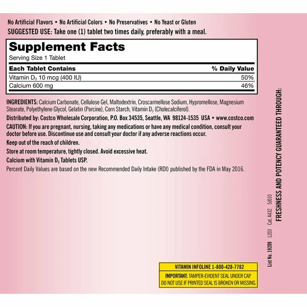 Viên Uống Kirkland Signature Calcium 600mg với Vitamin D3 – Hộp 500 Viên