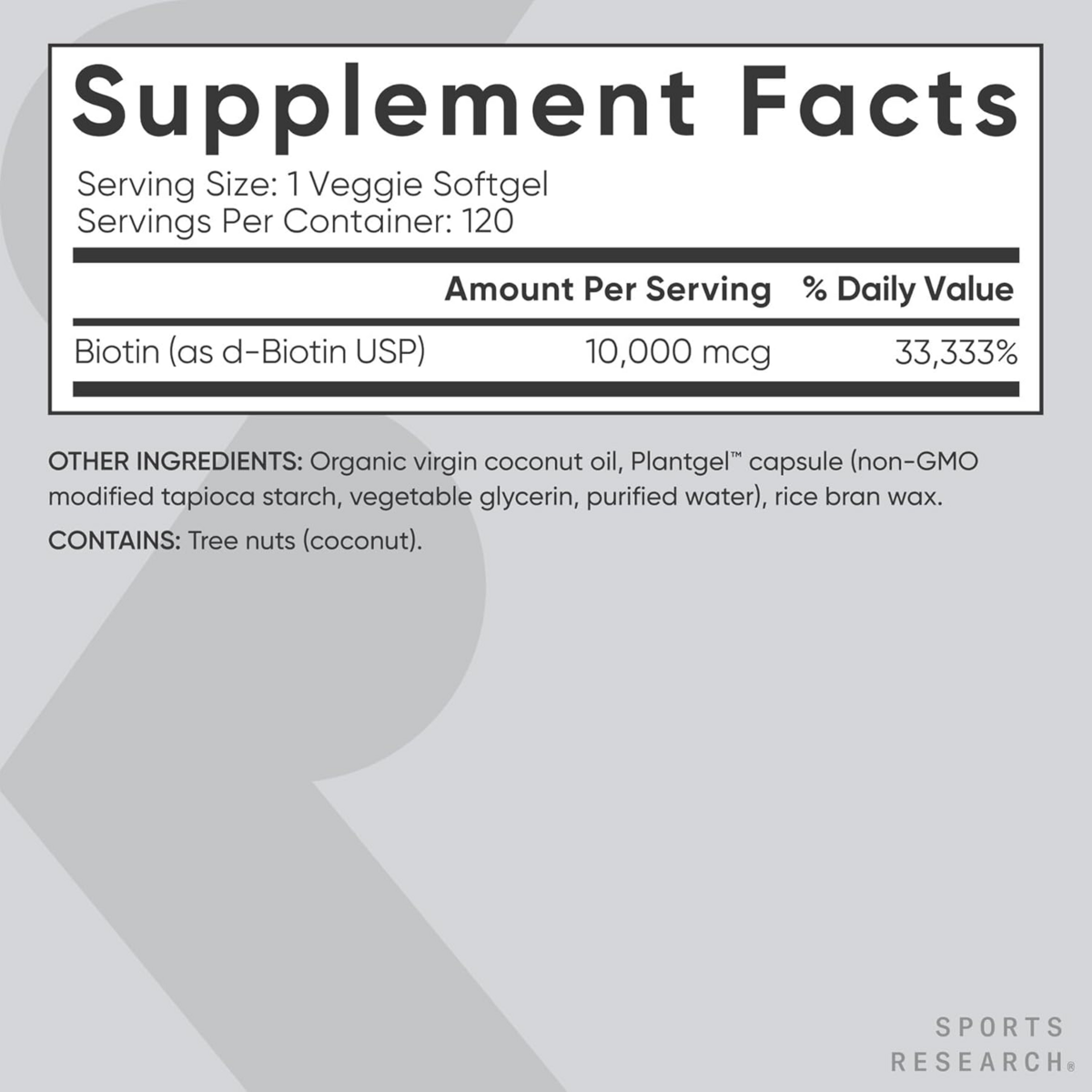 Viên Uống Biotin Sports Research Biotin 10,000mcg với Dầu Dừa Hữu Cơ – Hộp 120 Viên