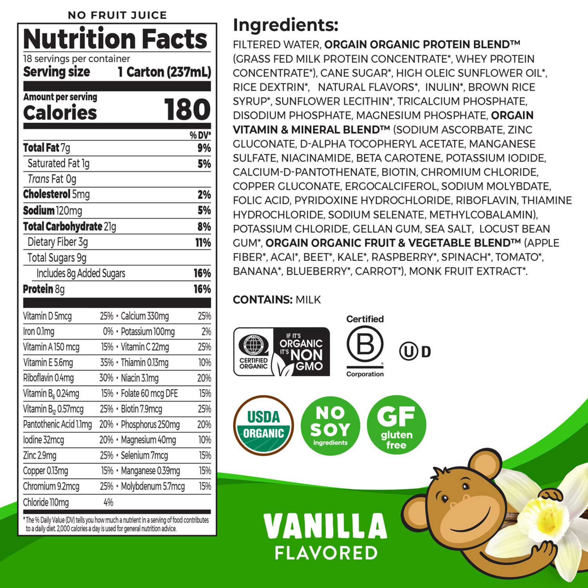 Sữa Dinh Dưỡng Hữu Cơ Vị Vani Orgain Kids Organic Nutritional Shake Vanilla – Thùng 18 Chai x 8 Oz
