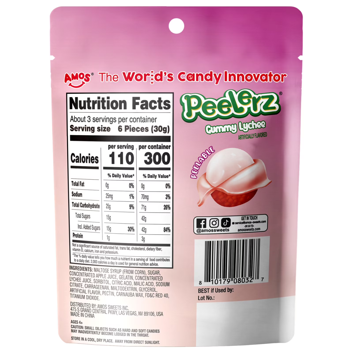 Kẹo Dẻo Trái Cây Amos Peelerz Candy Variety Packs Vị Xoài, Nho, Vải và Chanh – Set 4 gói x 85g