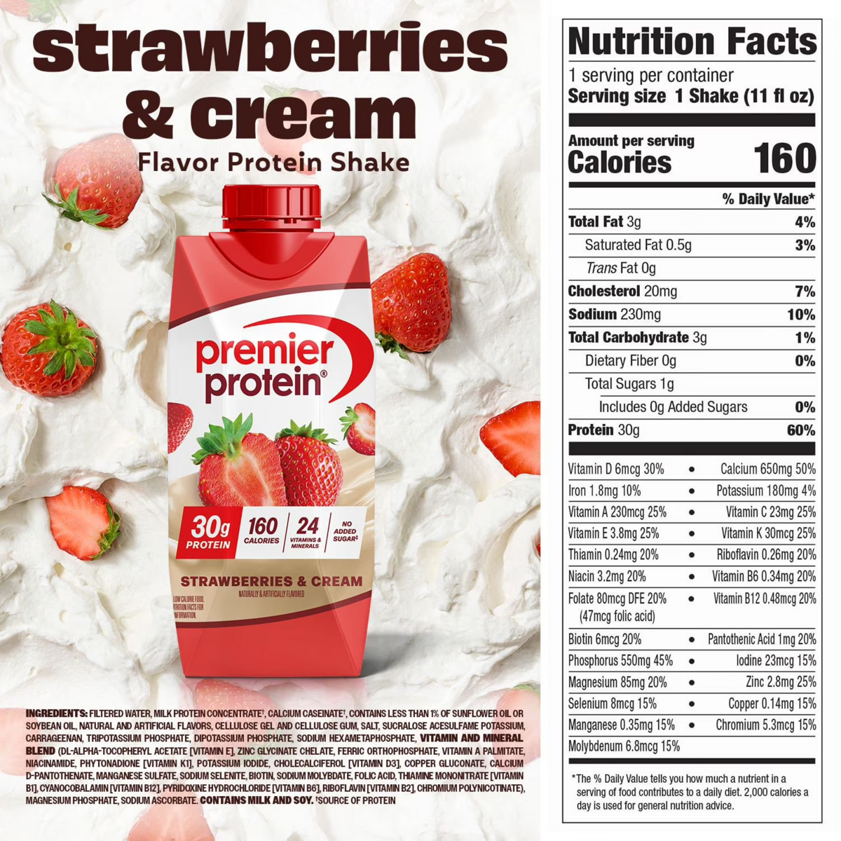 Sữa Protein Vị Dâu Kem Premier Protein High Protein Shake Strawberries & Cream – Thùng 15 Chai x 325 ml