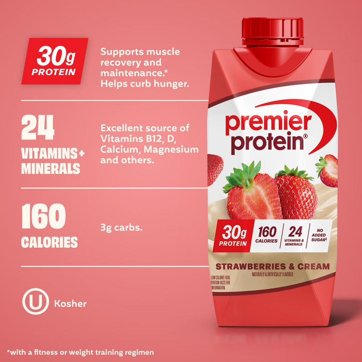 Sữa Protein Vị Dâu Kem Premier Protein High Protein Shake Strawberries & Cream – Thùng 15 Chai x 325 ml