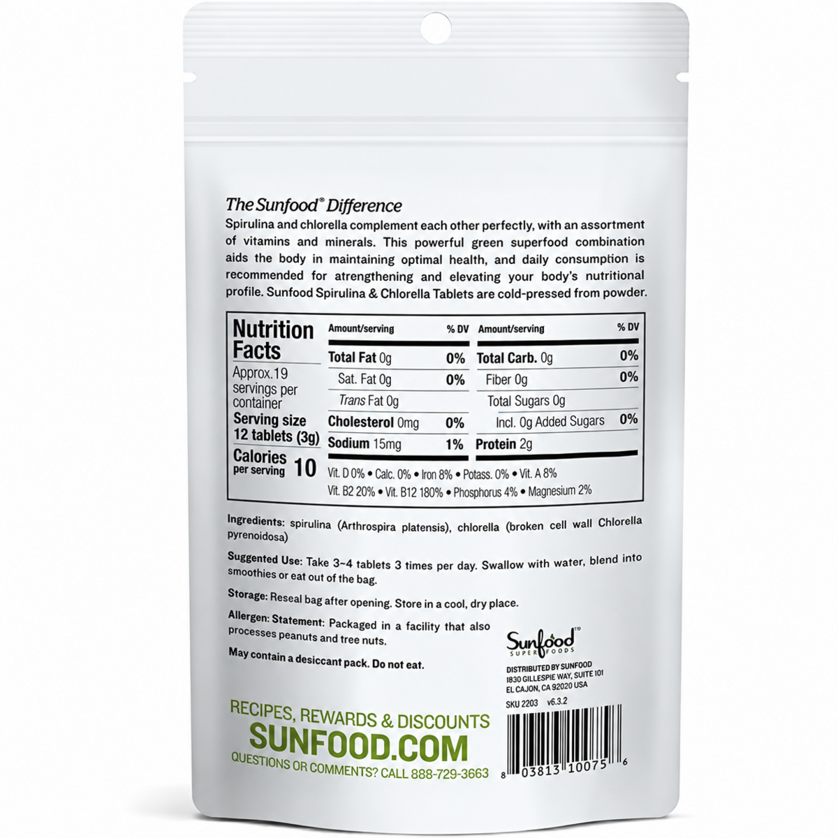 Viên Uống Tảo Xoắn và Tảo Lục Sunfood Superfoods 2-in-1 Spirulina & Chlorella Tablets – Túi 2 Oz