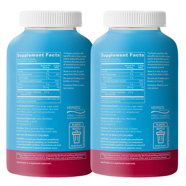 Kẹo Dẻo Bổ Sung Collagen Vị Mâm Xôi Vital Proteins Collagen Gummies Raspberry – Set 2 Hộp x 128 Viên