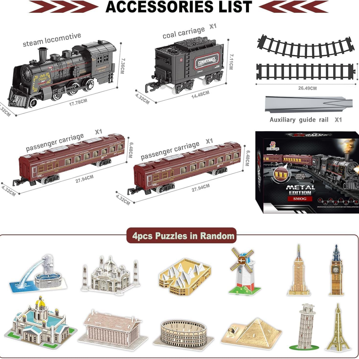 Bộ Tàu Hỏa Điện Hơi Cổ Điển BUBUQE Metal Alloy Electric Train Set – Kèm Đường Ray, Đèn Và Âm Thanh